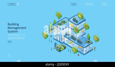 Page d'accueil isométrique du système de gestion des affaires, contrôle informatique installé dans les bâtiments qui gèrent et l'équipement mécanique et électrique Illustration de Vecteur