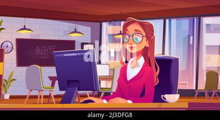 Femme travaillant dans un bureau en mezzanine ou un bureau avec un collègue, assis sur un bureau avec un ordinateur et une tasse de café.Jeune fille développe un projet d'art sur le lieu de travail avec de la grande fl Illustration de Vecteur