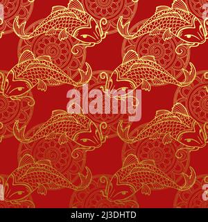 Motif doré vectoriel avec carpes japonais koi sur le papier de toilette rouge - NON sans coutures motif pour scrapbooking ou cartes desseant toile de fond Illustration de Vecteur