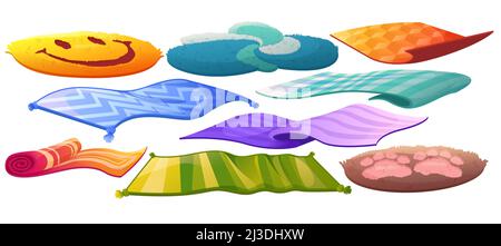 Ensemble de tapis ou de tapis de différentes formes, motifs et couleurs.Revêtement de sol, décoration intérieure, tapis avec glands, visage souriant, pattes de chat confortable maison de Illustration de Vecteur