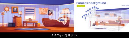 Chambre de garçon en thème pirate avec lit de bateau, portrait de capitaine et image de crâne sur le mur.Fond de parallaxe vectoriel avec intérieur de dessin animé de ki vide Illustration de Vecteur