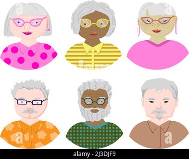 Un ensemble d'avatars pour les personnes âgées Nice. Un groupe diversifié de jeunes hommes et femmes. Personnes aux cheveux gris. Illustration vectorielle de style plat Illustration de Vecteur