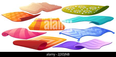 Ensemble de tapis ou de tapis de différentes formes, motifs et couleurs.Revêtement de sol en couches isolées, décoration intérieure, tapis avec glands, imprimé décoratif, CO Illustration de Vecteur