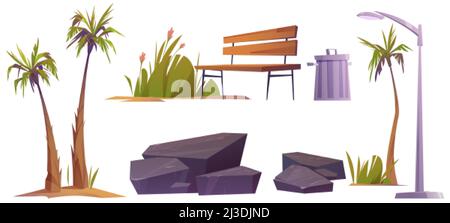 Set parc de la ville éléments palmiers, fleurs, lampe de rue et banc en bois avec pierres, herbe verte et bac à litière.Éléments isolés pour la décoration extérieure Illustration de Vecteur