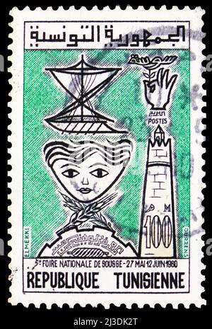 MOSCOU, RUSSIE - 26 MARS 2022: Timbre-poste imprimé en Tunisie montre 5th Sousse International Fair, vers 1960 Banque D'Images