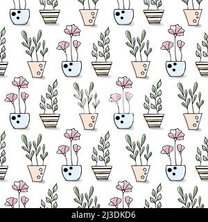 Ensemble de plantes d'intérieur vectorielles dessinées à la main en style doodle de dessin animé, motif sans couture. Illustration de Vecteur