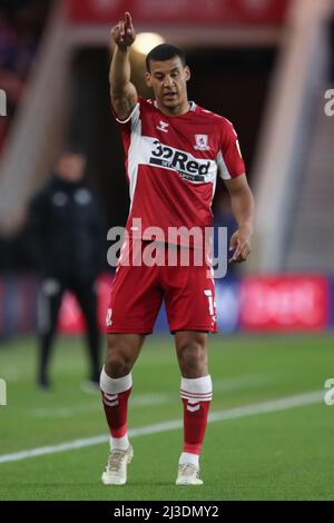 MIDDLESBROUGH, ROYAUME-UNI. AVR 6th Lee Peltier de Middlesbrough lors du match de championnat Sky Bet entre Middlesbrough et Fulham au stade Riverside, Middlesbrough, le mercredi 6th avril 2022. (Credit: Mark Fletcher | MI News) Credit: MI News & Sport /Alay Live News Banque D'Images