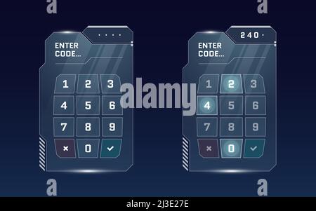 Jeu de panneaux d'entrée de code PIN d'interface utilisateur futuriste numérique HUD. Concept d'écran de protection haute technologie SCI Fi. Numéro du menu de jeu touchant le tableau de bord. Illustration du vecteur eps du pavé numérique Cyber Space Illustration de Vecteur
