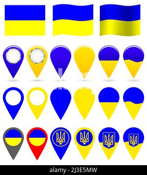 Ukraine. Ensemble de drapeaux et de pointeurs ukrainiens aux couleurs nationales. Objets isolés sur fond blanc. Illustrations vectorielles. Illustration de Vecteur