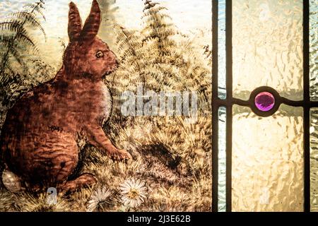 Illustration en vitraux vintage d'un lapin dans un champ Banque D'Images