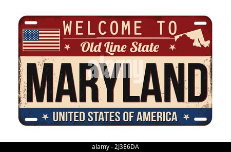 Bienvenue à Maryland plaque d'immatriculation rouillée d'époque sur fond blanc, illustration vectorielle Illustration de Vecteur