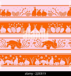 Des bordures de pâques sans couture avec des silhouettes, des œufs et des fleurs de lapin. Décorations printanières pour la décoration de pâques, ensemble de motifs de lapin de pâques Illustration de Vecteur