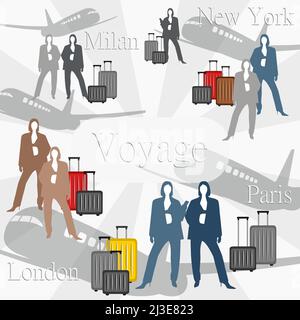 Passagers à l'aéroport avec des bagages dans différentes poses, femme de mode. Voyage. Personnes dans le terminal en attente d'un vol. Illustration d'un déplacement en avion. Illustration de Vecteur