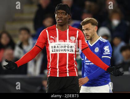 Leicester, Angleterre, le 7th avril 2022. Noni Madueke de PSV Eindhoven lors du match de l'UEFA Europa Conference League au King Power Stadium, Leicester. Le crédit photo doit être lu : Darren Staples / Sportimage Banque D'Images