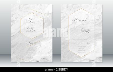 Modèle de carte d'invitation de mariage de luxe avec texture aquarelle en marbre gris et ligne dorée Illustration de Vecteur