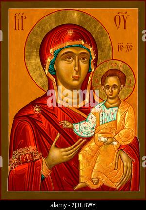 Icône peinte dans le style byzantin ou orthodoxe représentant la Vierge Marie et Jésus. Banque D'Images