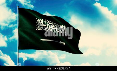 Drapeau de l'Arabie Saoudite agitant dans le vent sur un mât, boucle sans couture. Mouvement. Texture en tissu très détaillée sur fond bleu ciel. Banque D'Images