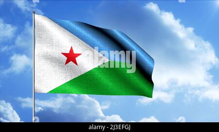 Drapeau de Djibouti agitant dans le vent avec animation de fond nuageux. Mouvement. Drapeau d'ondulation réaliste et coloré, boucle sans couture. Banque D'Images