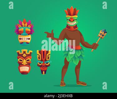 Tiki homme avec torche et masques, totems en bois tribal, attributs hawaïens ou polynésiens et aborigine dans le masque décoré avec la grimace à la bouche Toothy isola Illustration de Vecteur