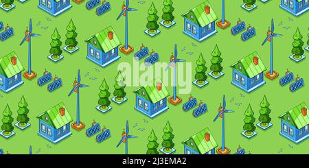 Production d'énergie écologique, modèle isométrique sans couture à énergie verte.Maison avec panneaux solaires et éoliennes, paysage avec chalet rural, fenêtre Illustration de Vecteur