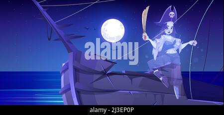 Fantôme de pirate de fille tenant une épée sur le pont de navire la nuit.Vector cartoon paysage de mer avec l'esprit de la femme morte en costume buccaneer sur le bateau en bois i Illustration de Vecteur