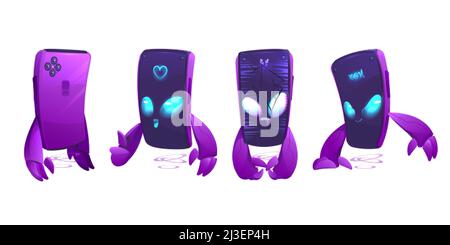 Vue avant et arrière du joli smartphone.Ensemble vectoriel de mascotte de dessin animé, drôle téléphone mobile montrer pouce vers le haut, cassé avec des fissures sur l'écran et le gadget Illustration de Vecteur