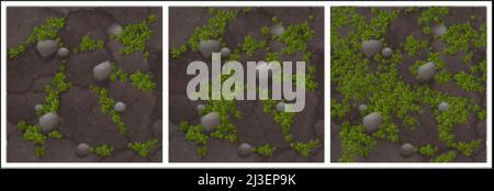 La texture de la terre aride avec des plantes vertes pousse sur un sol sec fissuré avec des pierres vue de dessus.Texture pour le jeu, arrière-plan abstrait, environnement sol carrelage wi Illustration de Vecteur