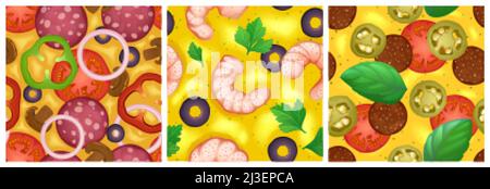 Pizza textures sans couture pour le jeu, fast food répétitions de motifs.3d fonds avec fromage, salami, olives, tomate et crevettes avec verdure.Interface graphique Illustration de Vecteur