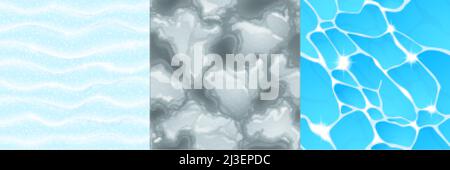 Textures d'eau, de neige et de neige fondue pour le fond du jeu.Dessin animé vectoriel motifs sans couture de la vue du dessus de la mer, de l'océan ou de la surface du lac, de la neige fondue et sale Illustration de Vecteur