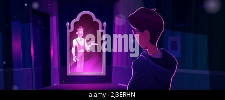 Un homme dans une maison hantée avec un fantôme apparaît dans le miroir.Halloween sombre sinistre abandonné vieux bâtiment avec l'esprit mort à l'intérieur.Visite virtuelle, livre d'aventure o Illustration de Vecteur