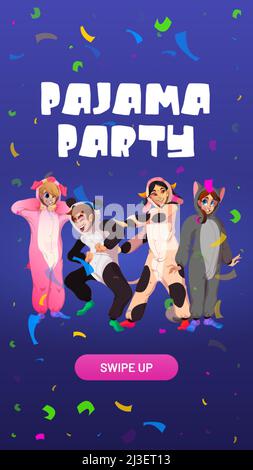 Pyjama fête bande dessinée web bannière, invitation.Les gens en kigurumi combinaison d'animaux se réjouissent avec confetti tomber.Adolescents portant des costumes chat, Illustration de Vecteur