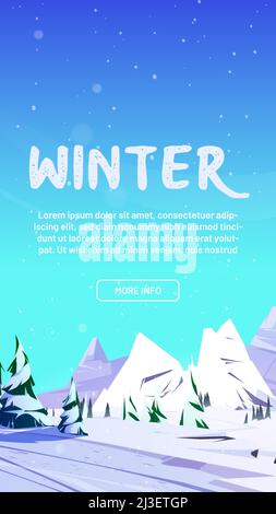 Bannière Web avec montagnes d'hiver, nature du nord paysage rocheux avec conifères arbres et rochers couverts de neige.Invitation à la station de ski, parc sauvage Illustration de Vecteur
