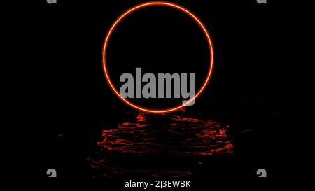 Bague néon avec réflexion dans l'eau sur fond noir. Conception. Belle bague brille au-dessus de l'eau sombre. Ondulations d'eau avec lumière réfléchie de Banque D'Images