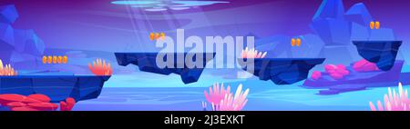 Fond de niveau de jeu avec des plates-formes sous l'eau dans la mer.Vector 2D interface de jeu d'arcade avec illustration de dessin animé de fond d'océan paysage avec ma Illustration de Vecteur