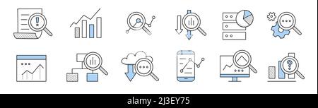 Icônes d'analyse de données, recherche d'informations commerciales, financières ou scientifiques.Ensemble de doodle vectoriel avec cartes, diagrammes sur écran d'ordinateur, loupe Illustration de Vecteur