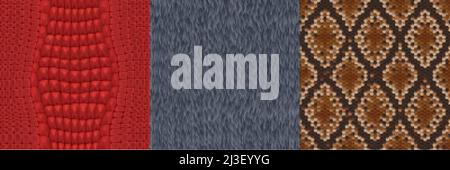 Peau d'animal et fourrure textures sans couture pour le jeu.Réaliste 3D vecteur répétitions de serpent, crocodile et ours ou de laine et de cuir de loup.Textile b Illustration de Vecteur