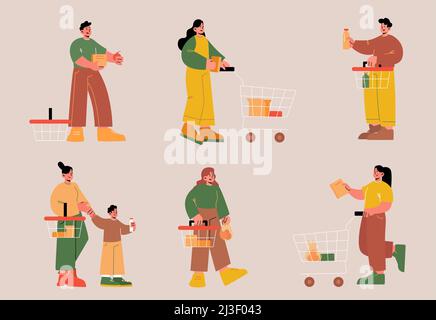 Les gens avec des chariots et des paniers dans le supermarché.Ensemble de chariots à plateau Vector avec achats et chariots à provisions en magasin.Les femmes et les hommes achètent de la nourriture Illustration de Vecteur