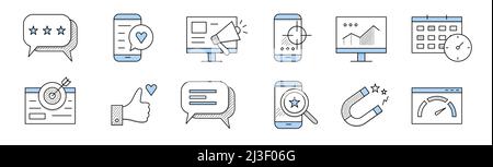 SMM doodle icônes bulle de la parole avec des étoiles, smartphone et comme bouton, pc avec mégaphone, mobile avec cible à l'écran, écran d'ordinateur avec graphique, c Illustration de Vecteur