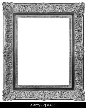 Ancien cadre rectangulaire en bois d'époque plaqué argent, isolé sur fond blanc Banque D'Images