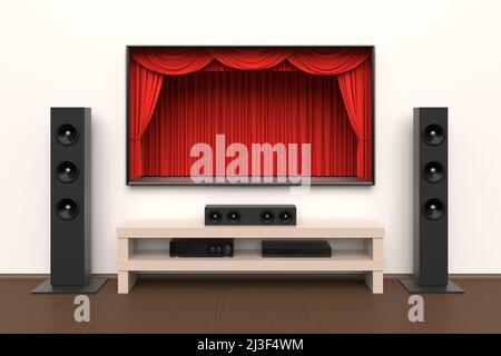 Téléviseur grand écran lcd avec rideaux de théâtre, haut-parleurs de musique, lecteur de disques vidéo. Présentation de films, blockbuster, révélant de nouveaux sh tv Banque D'Images