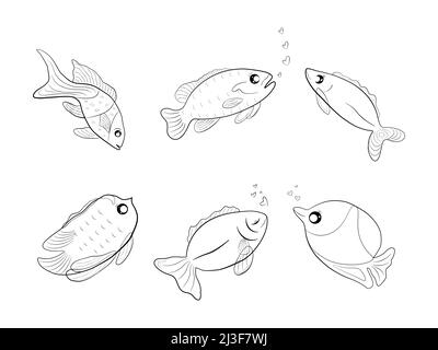 Collection de silhouette sous-marin doodle contour poisson océan icône dessin animé résumé art dessin graphique dessin vectoriel illustration Illustration de Vecteur