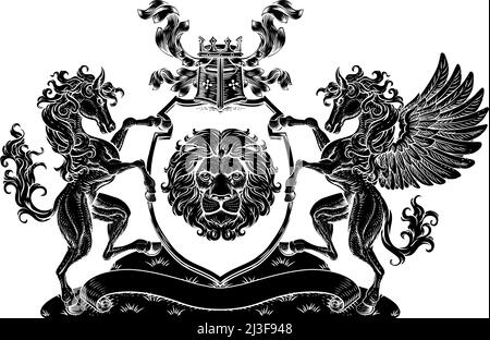 Crest Pegasus Horse Coat of Arms Lion Shield Seal Illustration de Vecteur