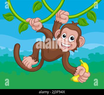 Monkey chantant sur Jungle Vines avec Banana Cartoon Illustration de Vecteur