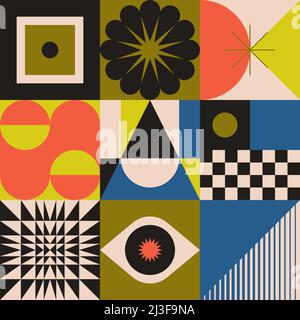 Œuvres d'art abstraites inspirées de Bauhaus, composées d'éléments de conception vectoriels et de formes géométriques audacieuses. Illustration de Vecteur