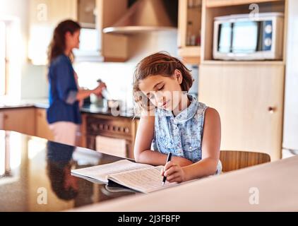 Noter toutes les recettes secrètes de la maman. Coupe courte d'une jeune fille écrivant dans un livre tandis que sa mère cuisine en arrière-plan. Banque D'Images