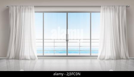 Fenêtres en verre avec rideaux en soie blanche et vue sur la mer. Vector réaliste intérieur de la chambre vide dans la maison ou l'hôtel avec portes vitrées au balcon, t Illustration de Vecteur