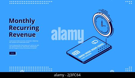Bannière mensuelle de revenus récurrents. Rémunération et paiements fixes, concept MRR. Page d'arrivée de vecteur de revenu récurrent avec icônes isométriques de la voiture de crédit Illustration de Vecteur
