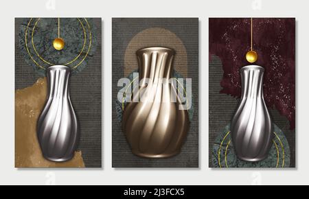 3d vases or et argent d'illustration classique avec papier peint moderne. idéal pour la décoration intérieure Banque D'Images