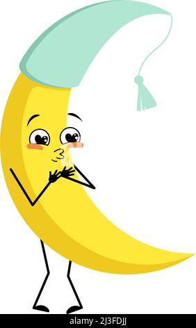 Adorable personnage de lune en chapeau de nuit avec des émotions d'amour, un visage heureux, un sourire, des bras et des jambes. Personne avec expression heureuse et pose. Illustration vectorielle plate Illustration de Vecteur