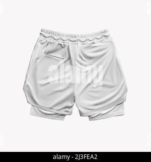 Maquette de short ample blanc masculin avec ligne de compression, poche, isolé sur fond, vue arrière. Modèle de vêtements de sport avec sous-vêtements pour le design, pa Banque D'Images